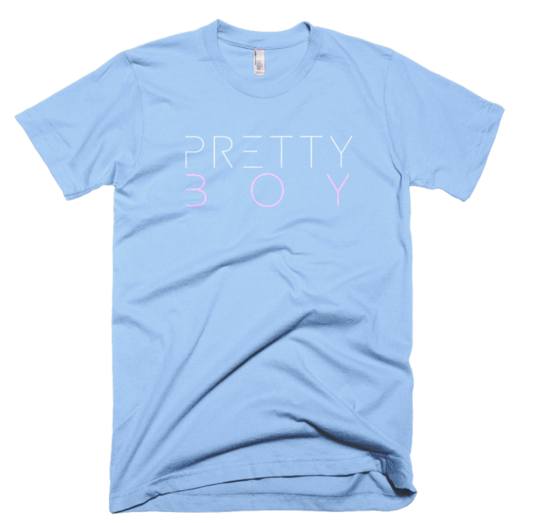 the blue t-shirt with the words "pretty boy" in white and pink lettering across the center