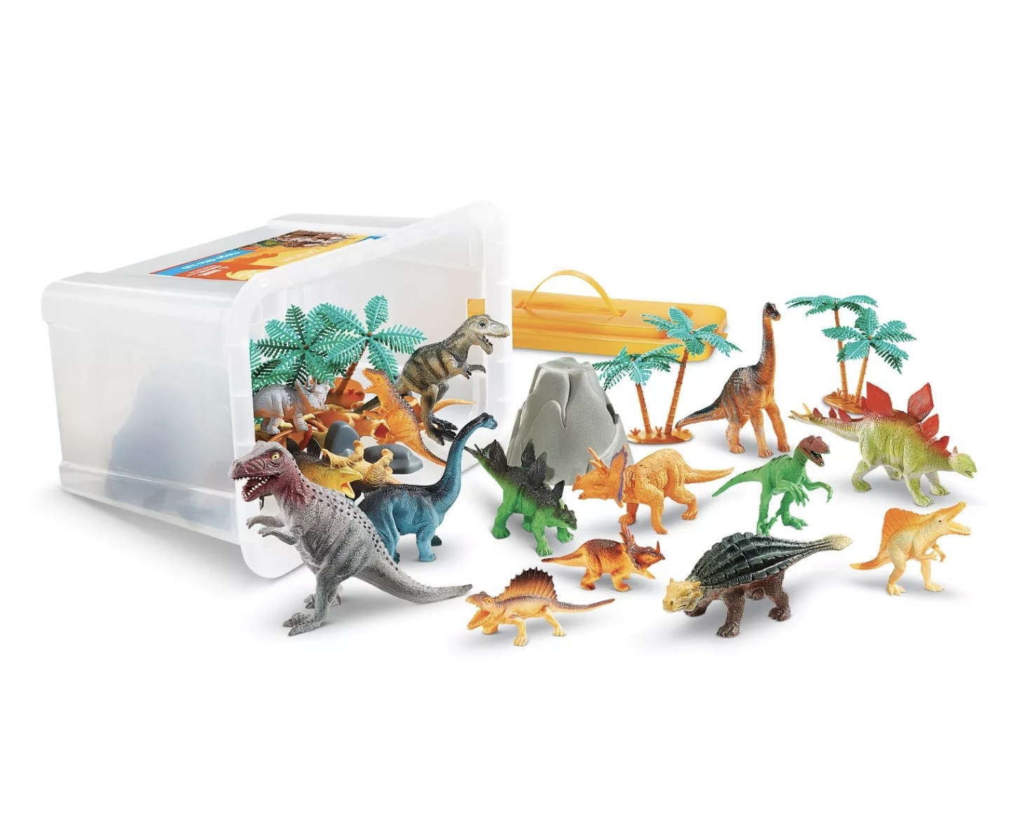 A container full of various toy dinosaurs