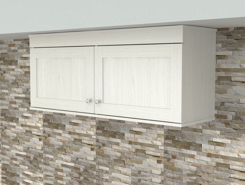 White cabinets with two doors attached to a ceiling