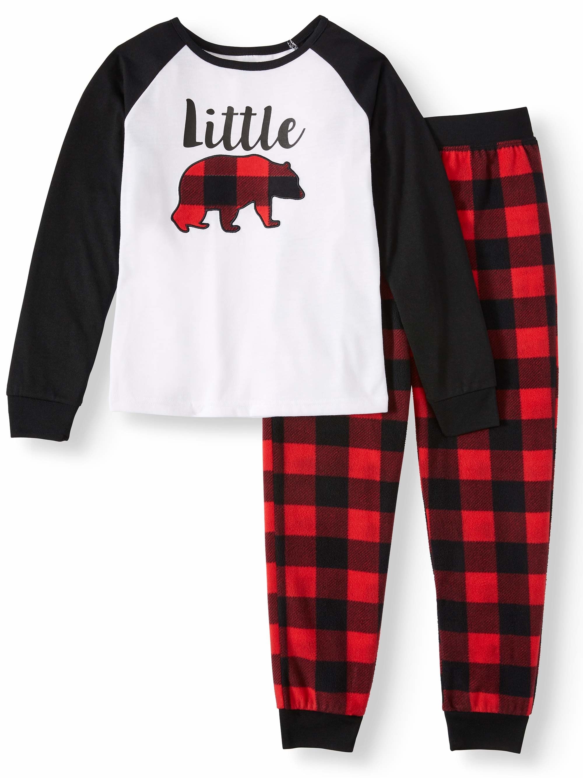 Black and white pajama shirt and matching red and black buffalo plaid pants