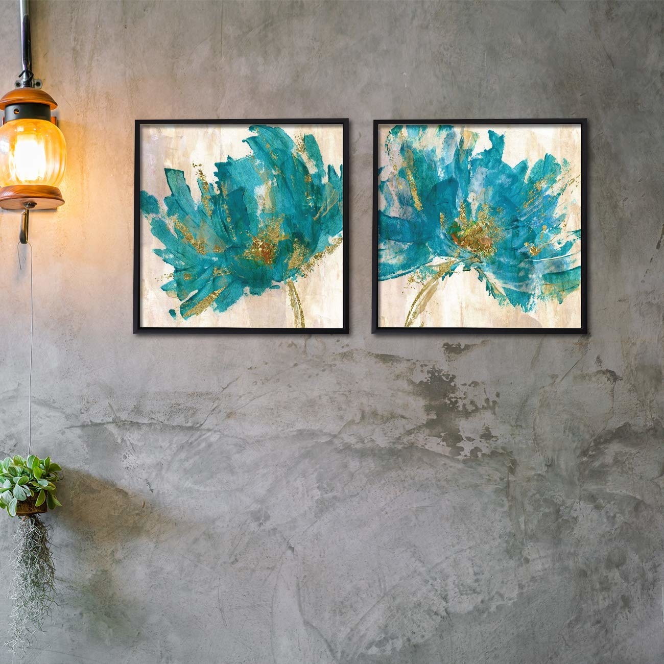 Floral canvas paintings done in blue and gold.