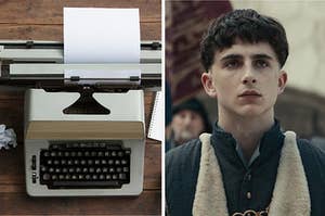An image of a typewriter with an empty page next to an image of Timothee Chalamet