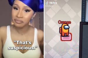 Cardi B saying "That's suspicious" and a photo of an Imposter over a vent