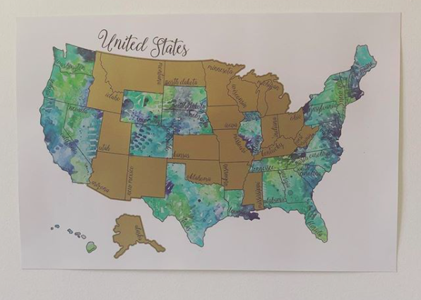 US scratch-off map with watercolor design underneath