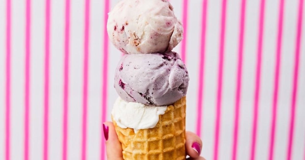 A three-scoop ice cream cone