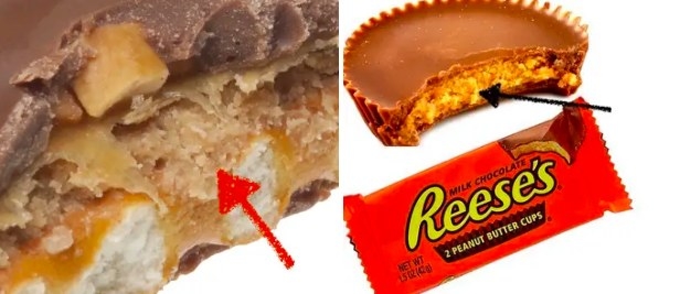 Two pictures, side-by-side: The first one is a close-up of a Take-5 bar, with a red arrow pointing to the peanut butter filling. The second picture is a Reese&#x27;s bar, pointing to the same exact peanut butter filling inside it.