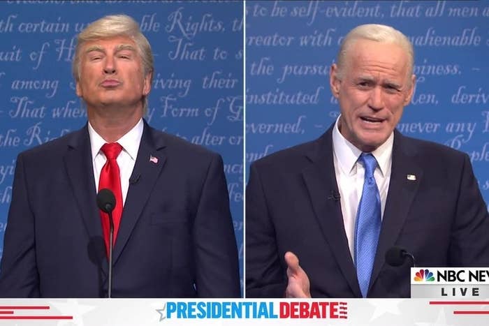 Alec Baldwin as Donald Trump and Jim Carrey as Joe Biden during a presidential debate skit on &quot;SNL&quot;