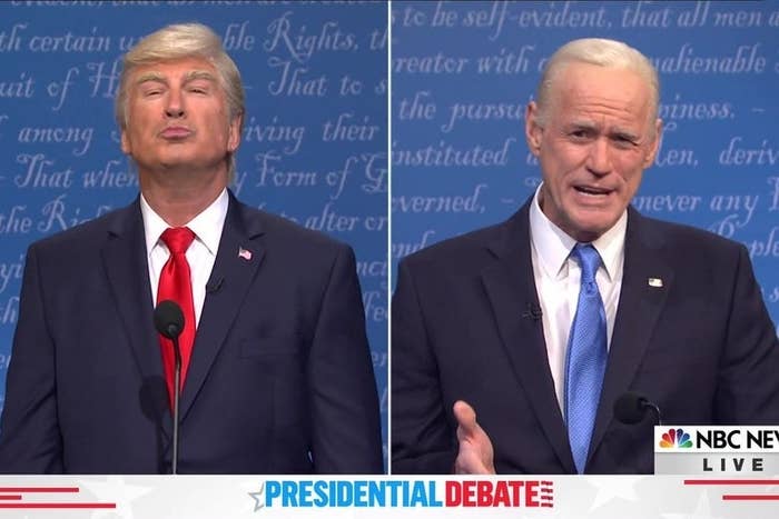 Alec Baldwin as Donald Trump and Jim Carrey as Joe Biden during a presidential debate skit on "SNL"