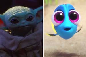 Baby Yoda is on the left with Baby Dory swimming on the right