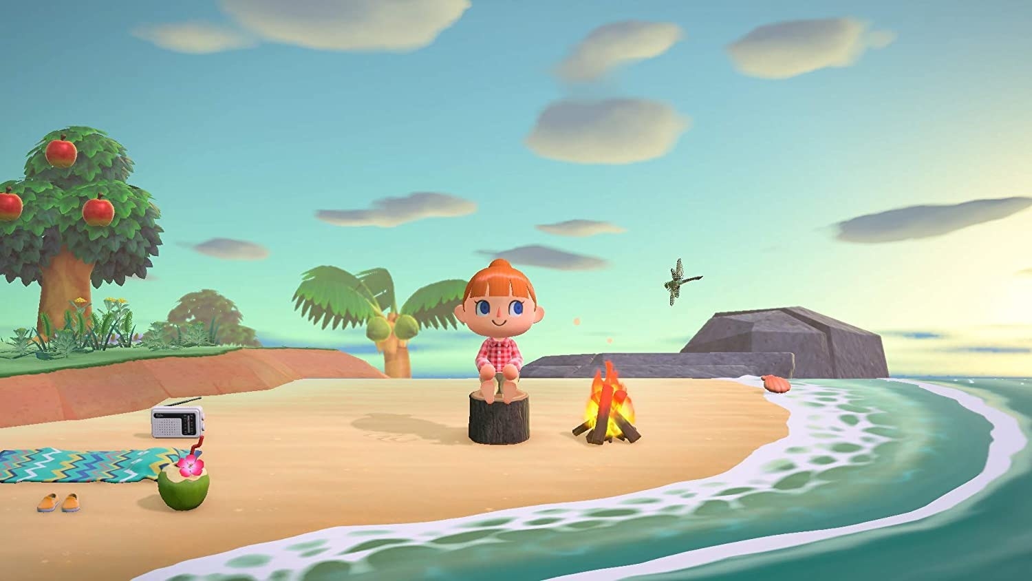 A screenshot from the game of a character sitting on her own island.