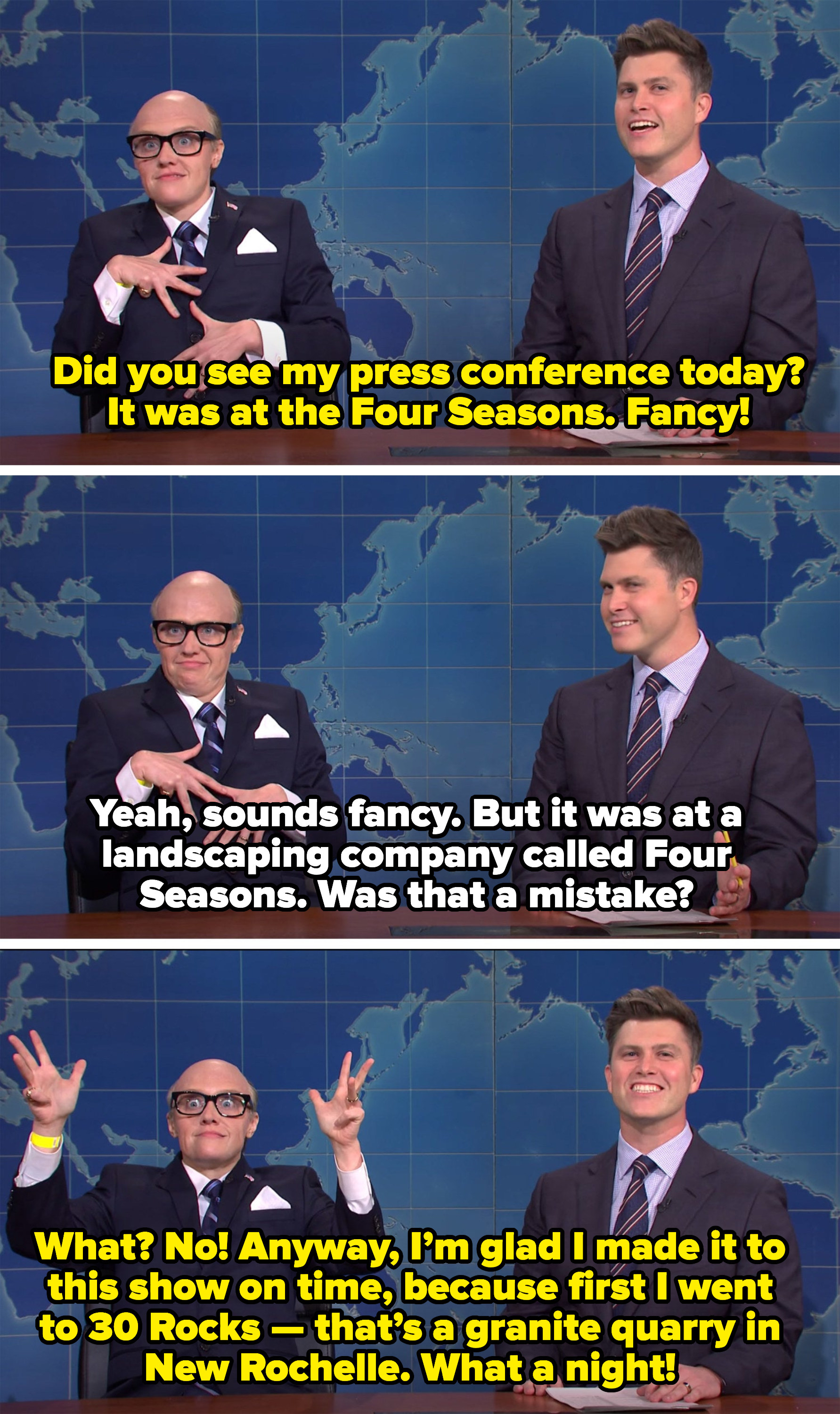 Giuliani saying his press conference was fancy, not a mistake, and that he accidentally went to a granite quarry called &quot;30 Rocks&quot; instead of the 30 Rock studio