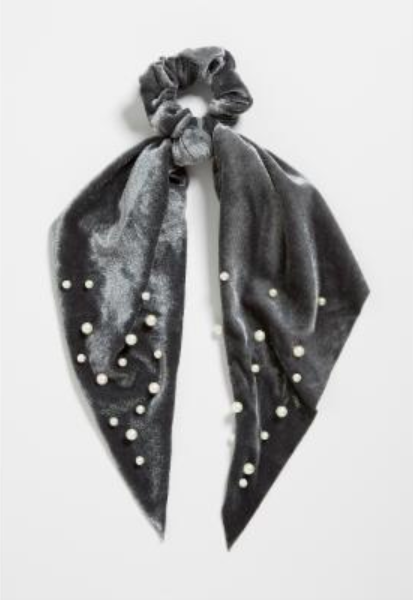gray scrunchie with scarf attached that has faux pearls on it