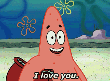 Patrick Star holding a large wallet and saying &quot;I love you&quot; 