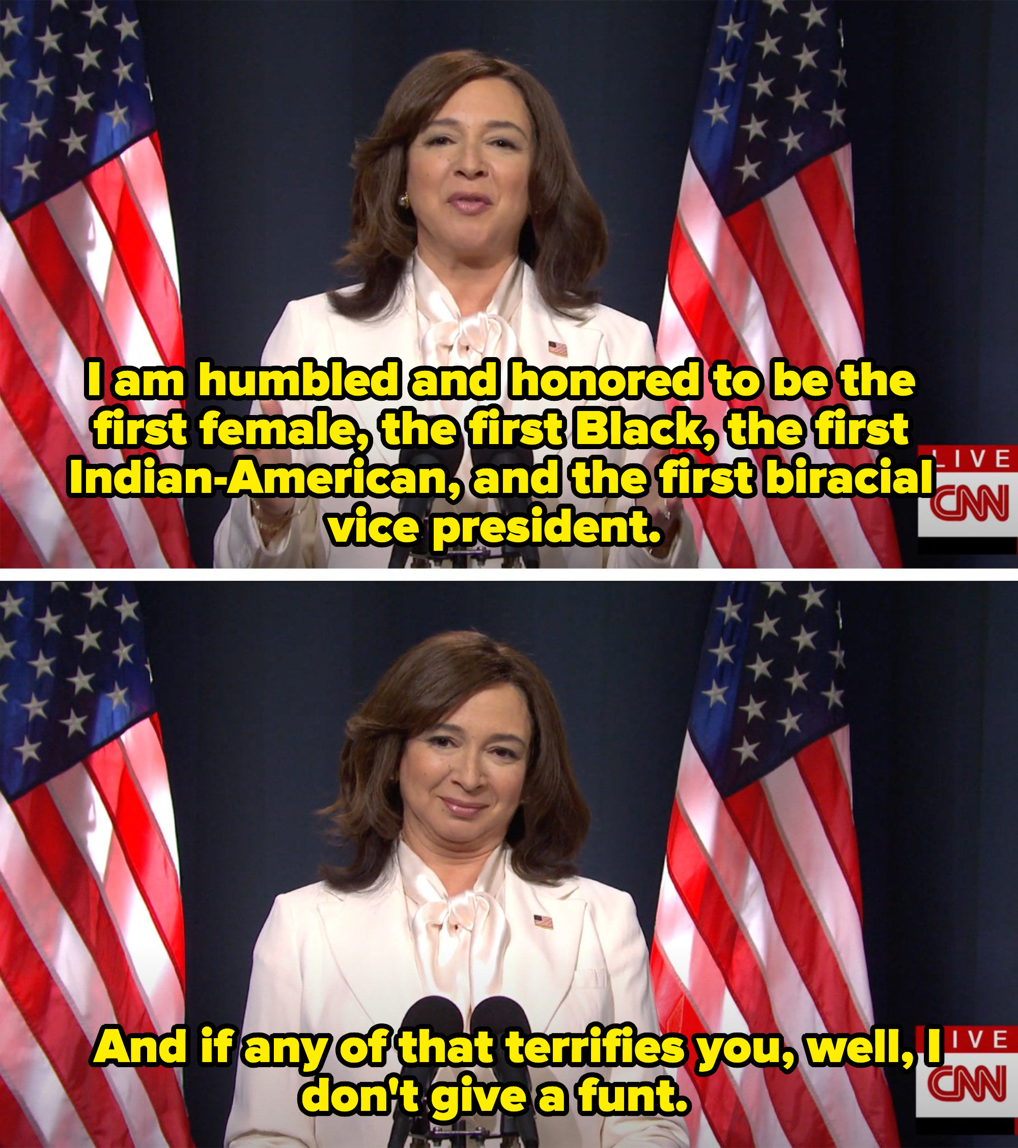 Harris saying she&#x27;s proud to be the first Black, female, Indian-American, and biracial VP and that she doesn&#x27;t give a funt if it scares you