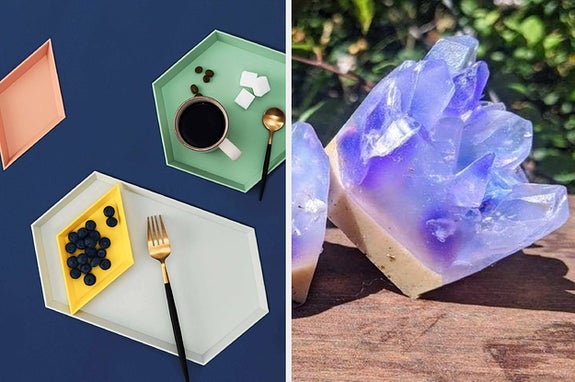 geometric stacking trays for food, soap that looks like a crystal