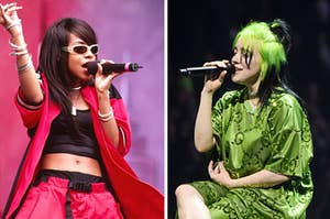 Aaliyah is on the left singing with Billie Eilish sitting on a stool on the right
