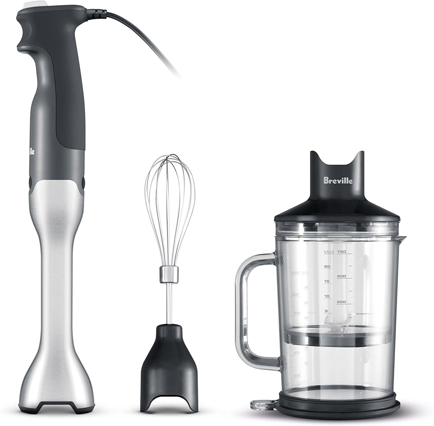 Multiple parts of an immersion blender isolated on a white background