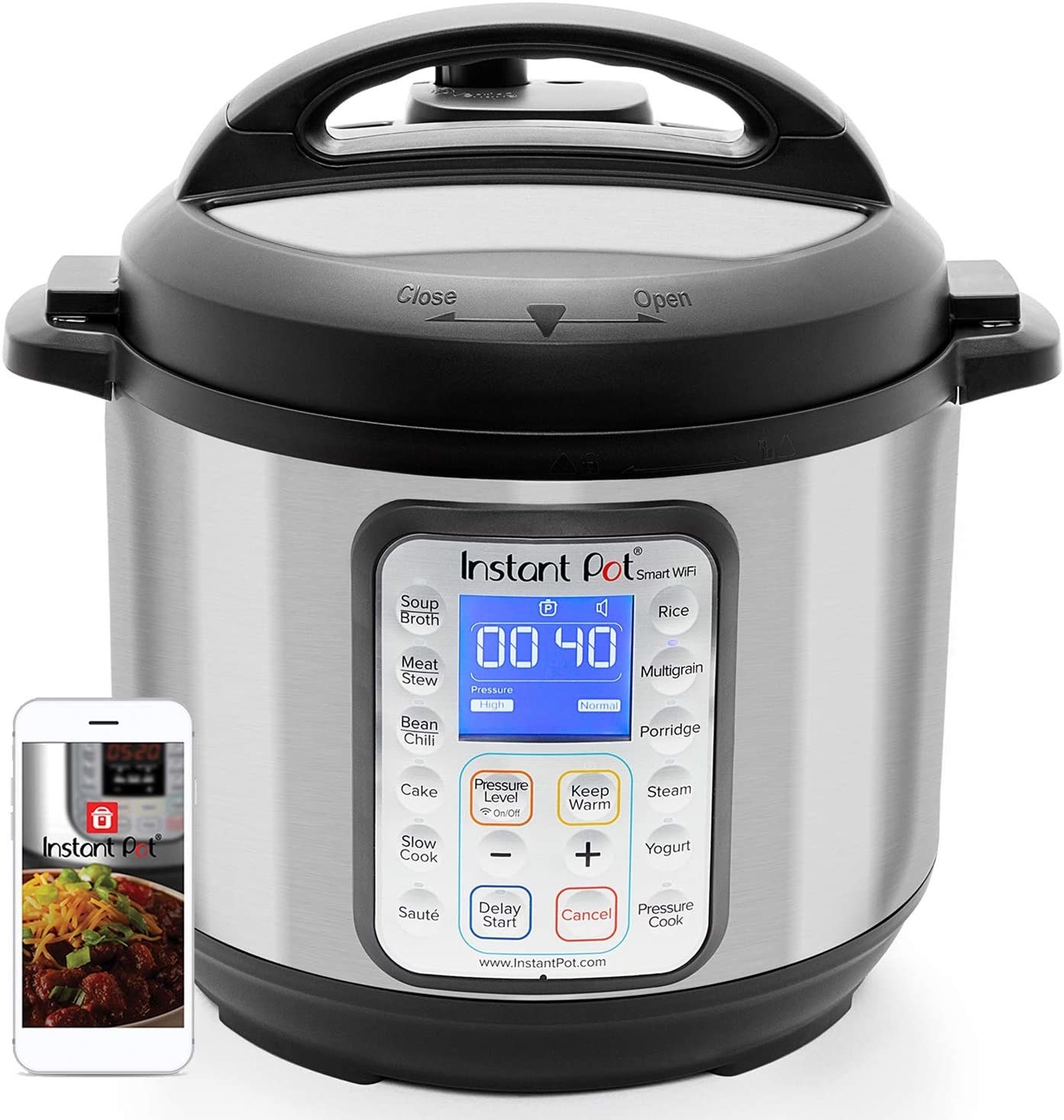 Instant Pot and a smartphone displaying the Instant Pot app isolated on a white background