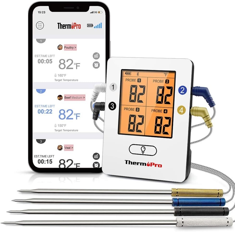 A smartphone displaying the ThermPro app, sitting next to the ThermPro smart digital thermometer, isolated on a white background