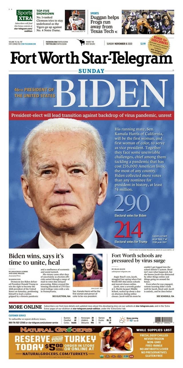 Newspaper Front Pages Mark Joe Biden Us Election Win Newspaper Front Pages Mark Joe Biden Us Election Win