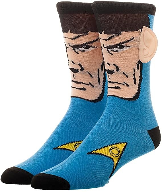 socks with Spock&#x27;s face on it with ears that stick out from the sock fabric