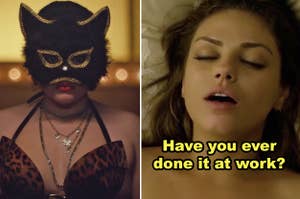 Side-by-side of Kat dressing up for her cam show in "Euphoria" and Mila Kunis smiling in bed in "Friends with Benefits"
