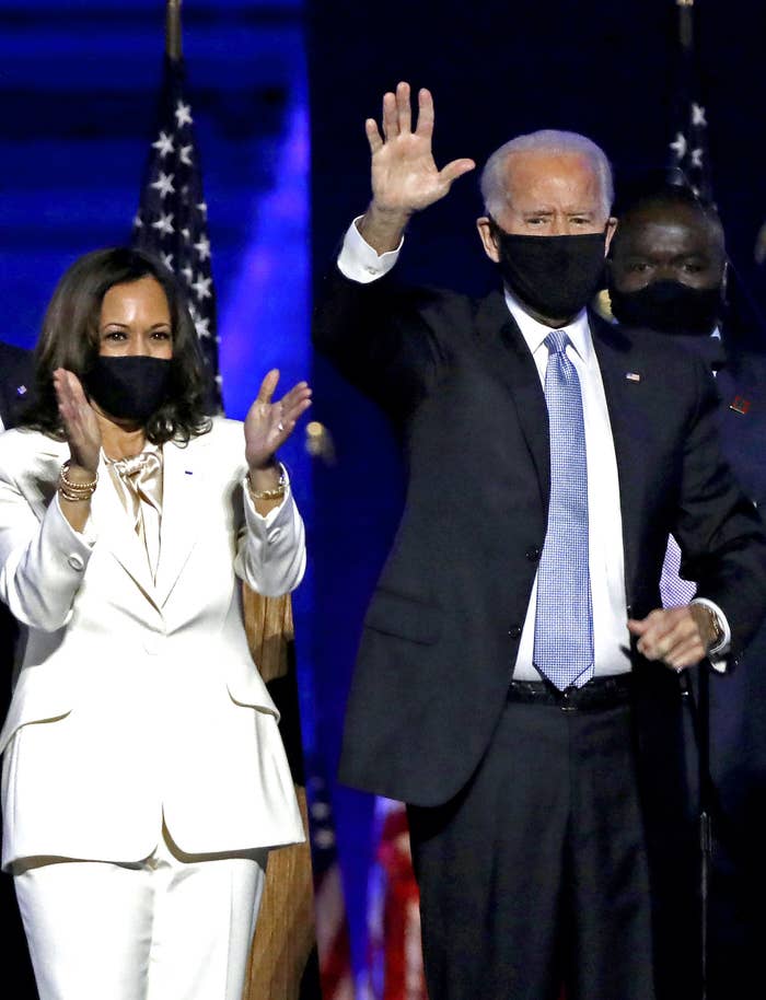 Douglas Emhoff, Vice-President-elect Kamal Harris, President-elect Joe Biden and Dr. Jill Biden wave to supporters after defeating Donald Trump in the 2020 U.S. Presidential election on Saturday, Nov.7 , 2020 in Wilmington, DE