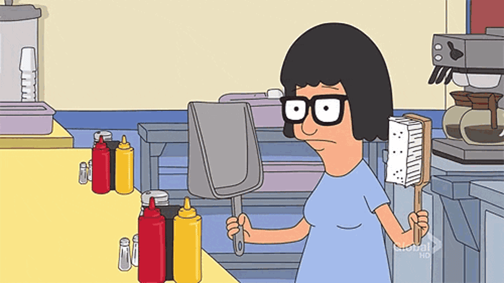 Tina from Bob&#x27;s Burgers brushing her hair with a dusting broom and using the bin for her reflection 