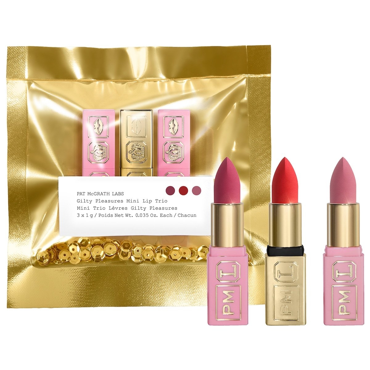 The three lipsticks in pink and gold tubes with the gift pouch, which is filled with gold sequins