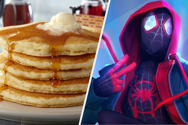 Miles Morales next to a stack of IHOP pancakes