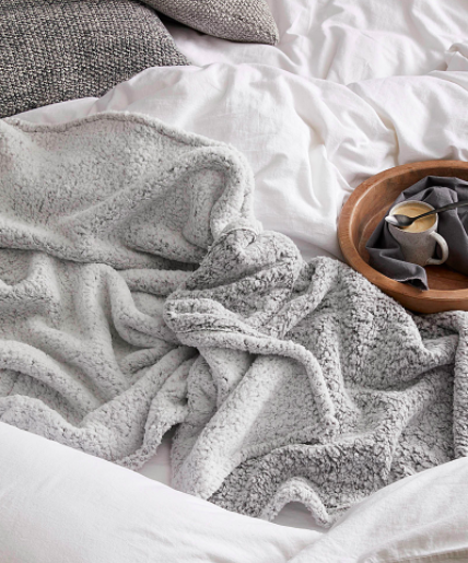 The double-sided blanket draped over a bed