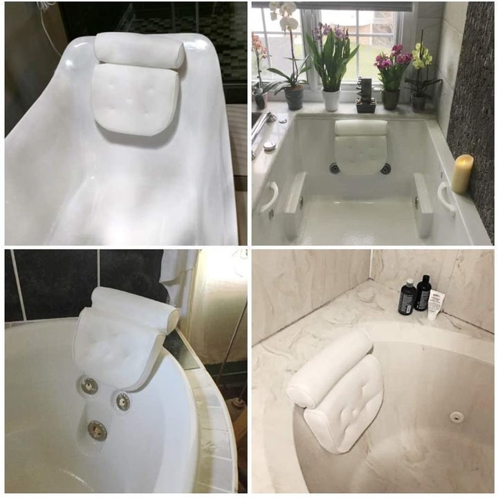 Four photos showing the pillow fitting on the edge of several different kinds of bathtubs