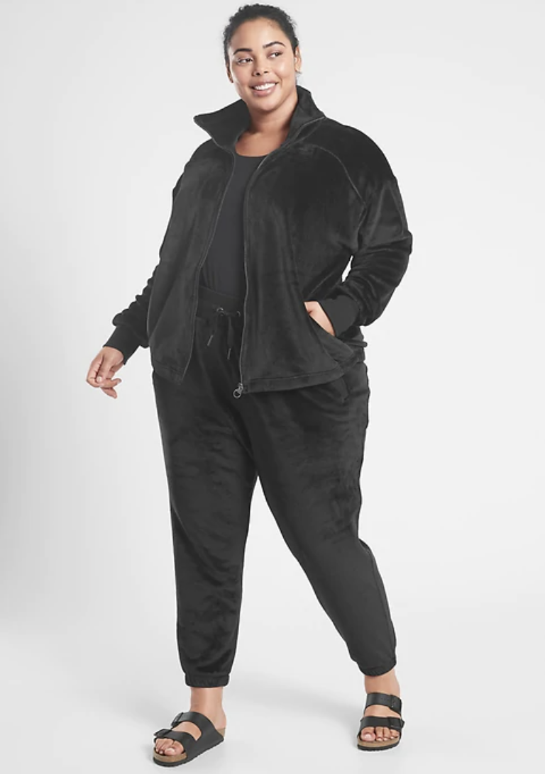 Model wears Double Cozy Karma Recover Joggers and Cozy Karma Full Zip-Up in black