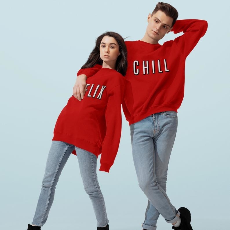 Two models wear the Netflix and Chill sweatshirts