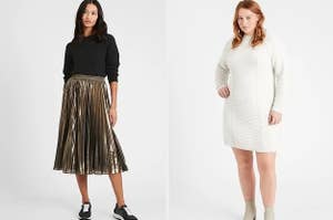 On the left, a pleated skirt, and on the right, a sweater dress