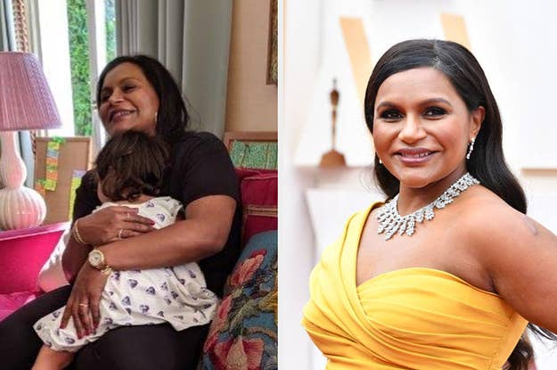 Mindy Kaling holding her daughter next to a photo of her on the red carpet