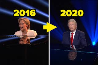 McKinnon as Clinton playing the piano in 2016 and Baldwin as Trump doing the same in 2020