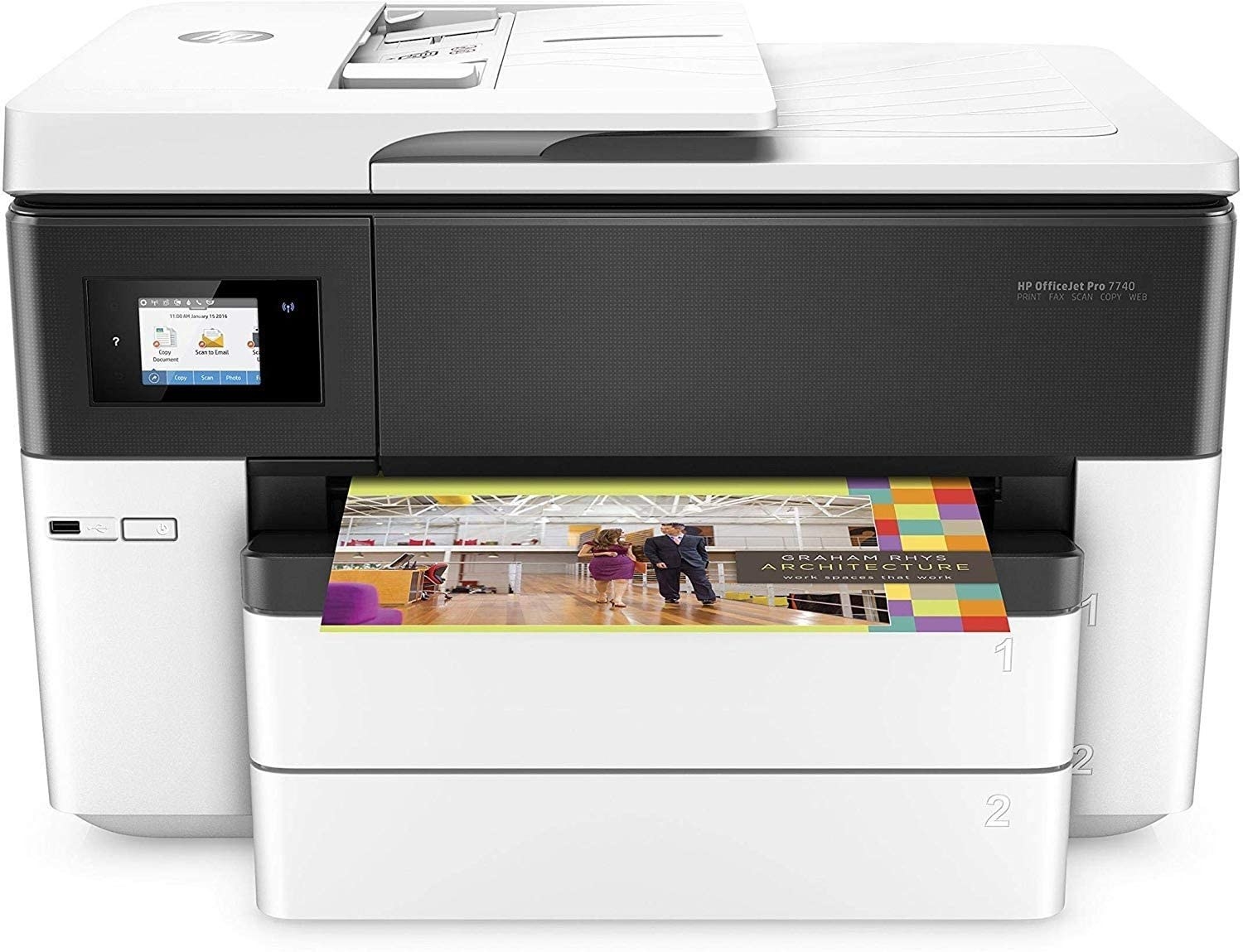 A large desktop printer with a scanner and fax attachment on the top