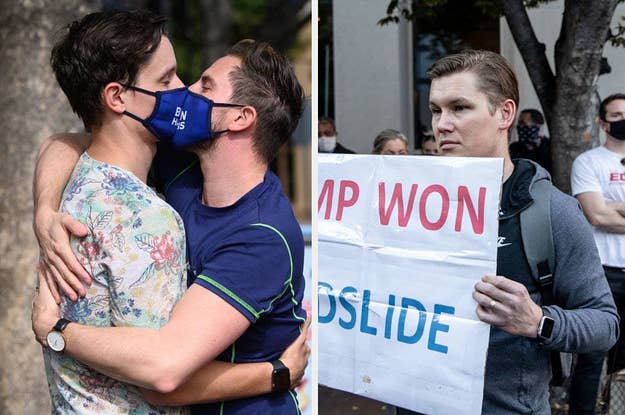 Two men with Biden masks kissing next to a man looking upset with a sign that reads 
