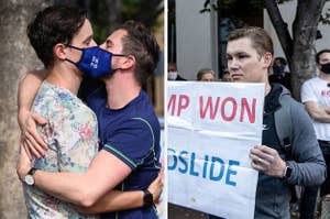 Two men with Biden masks kissing next to a man looking upset with a sign that reads "Trump won"