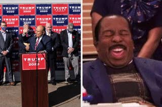 Rudy Giuliani speaking at the press conference next to a reaction meme of laughing