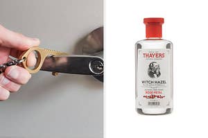 Side by side of door opening tool and bottle of Thayers witch hazel