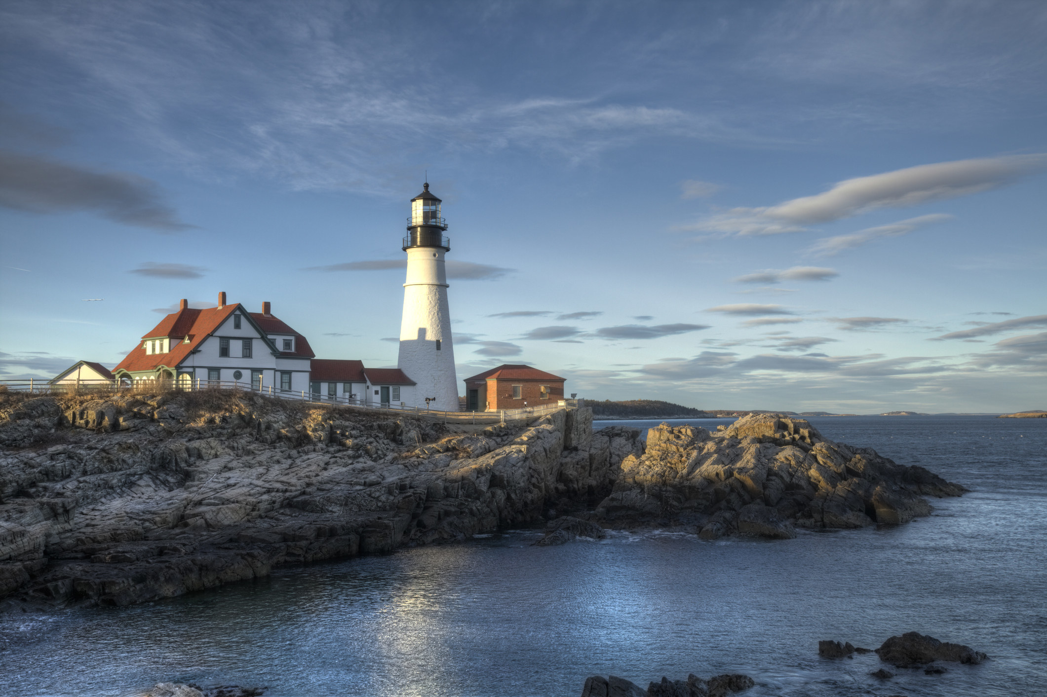 Portland Head Lighthouse under an almost-sunset sky