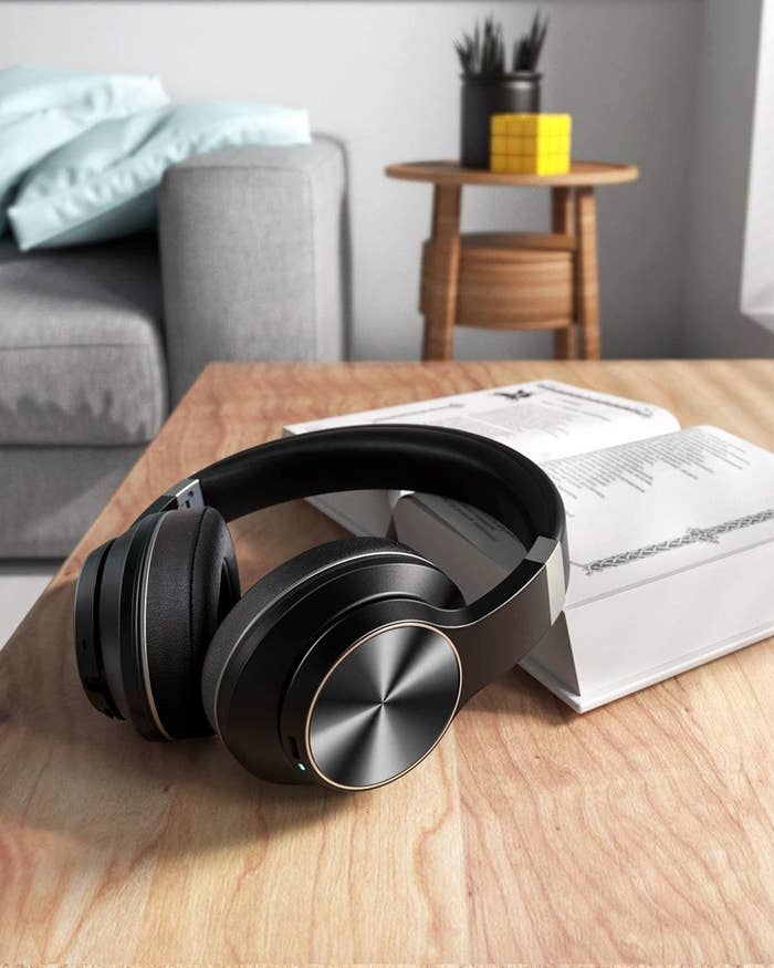 A pair of headphones on a desk