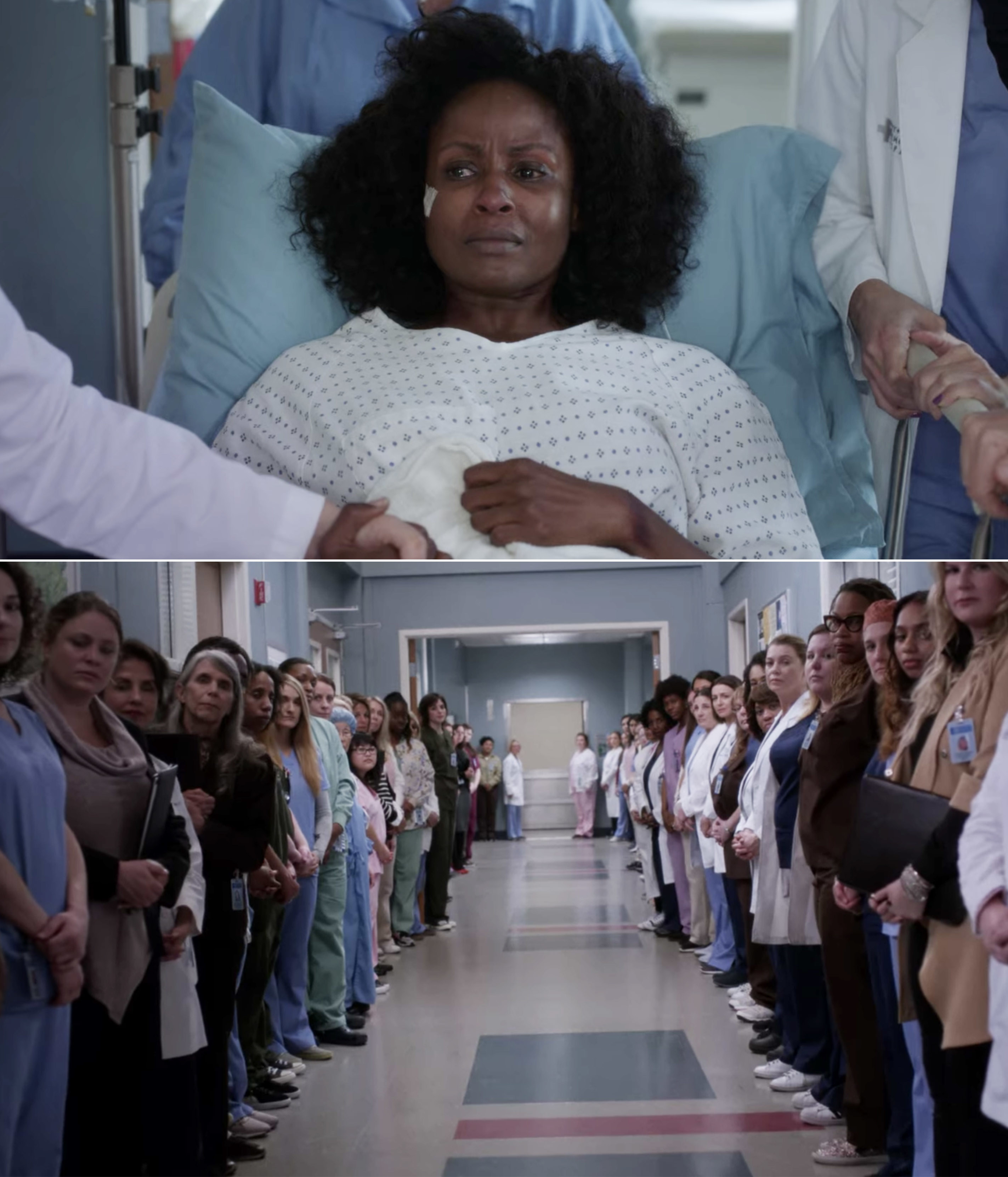 The women of Grey Sloan lining the hallway as a sexual assault survivor is taken to surgery