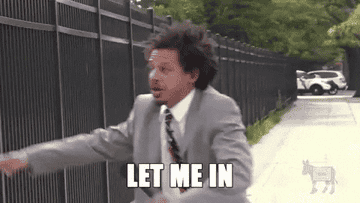 Eric Andre screaming &quot;let me in&quot; in front of a gate. 