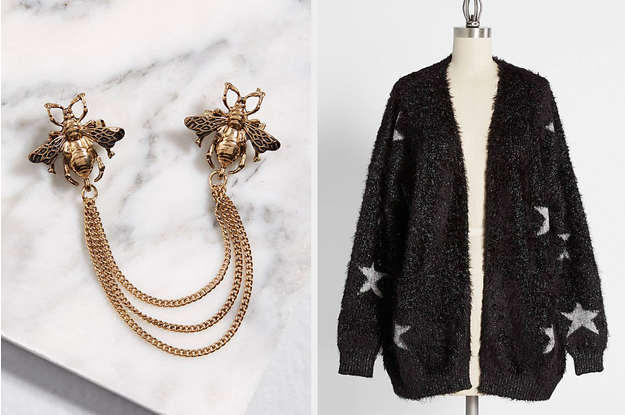 Two panels, from left to right, showing a bee collar pin set and a fuzzy cardigan with metallic stars