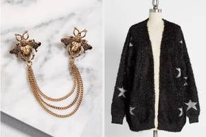 Two panels, from left to right, showing a bee collar pin set and a fuzzy cardigan with metallic stars 