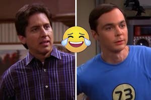 Raymond from "Everybody loves Raymond" is on the left with Sheldon from "Big Bang Theory" on the right and a laughing emoji in the center