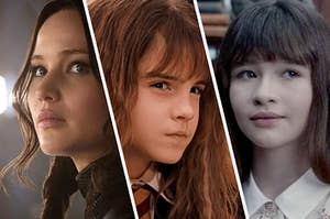 Katniss, Hermione, and Violet standing side by side and preparing for adventure